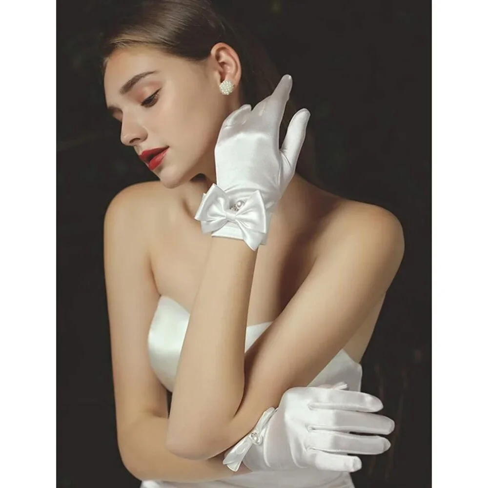 Women's Lvory-05042 Short Length Satin Wrist Gloves Stretchy Wedding Party Prom